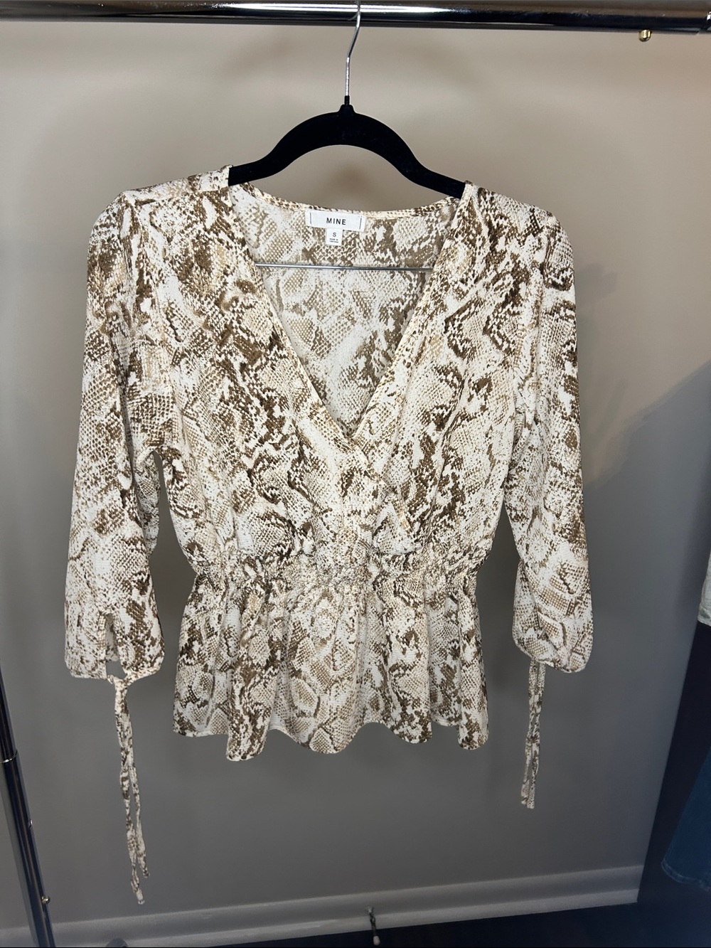 MINE Snake-Print Wrap Peplum Blouse in Beige and Brown